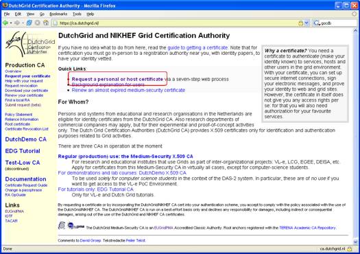The 'Request a personal or host cetificate' link is the first quick link in the list on the main page